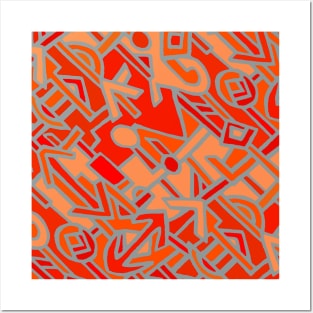 African Contemporary Kuba - Scarlet Orange Gray Posters and Art